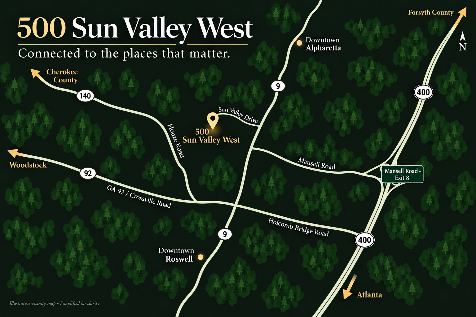 Vicinity map showing 500 Sun Valley West near Alpharetta Highway, Mansell Road, and Georgia Highway 400 in Roswell.